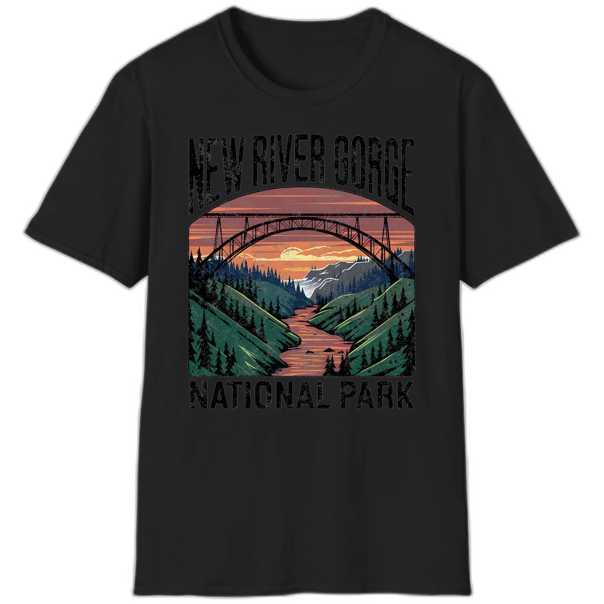 Vintage illustration of New River Gorge bridge spanning a forested river valley at sunset with orange and gold sky in Black