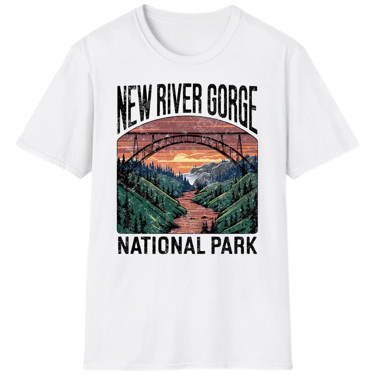 Vintage illustration of New River Gorge bridge spanning a forested river valley at sunset with orange and gold sky in White