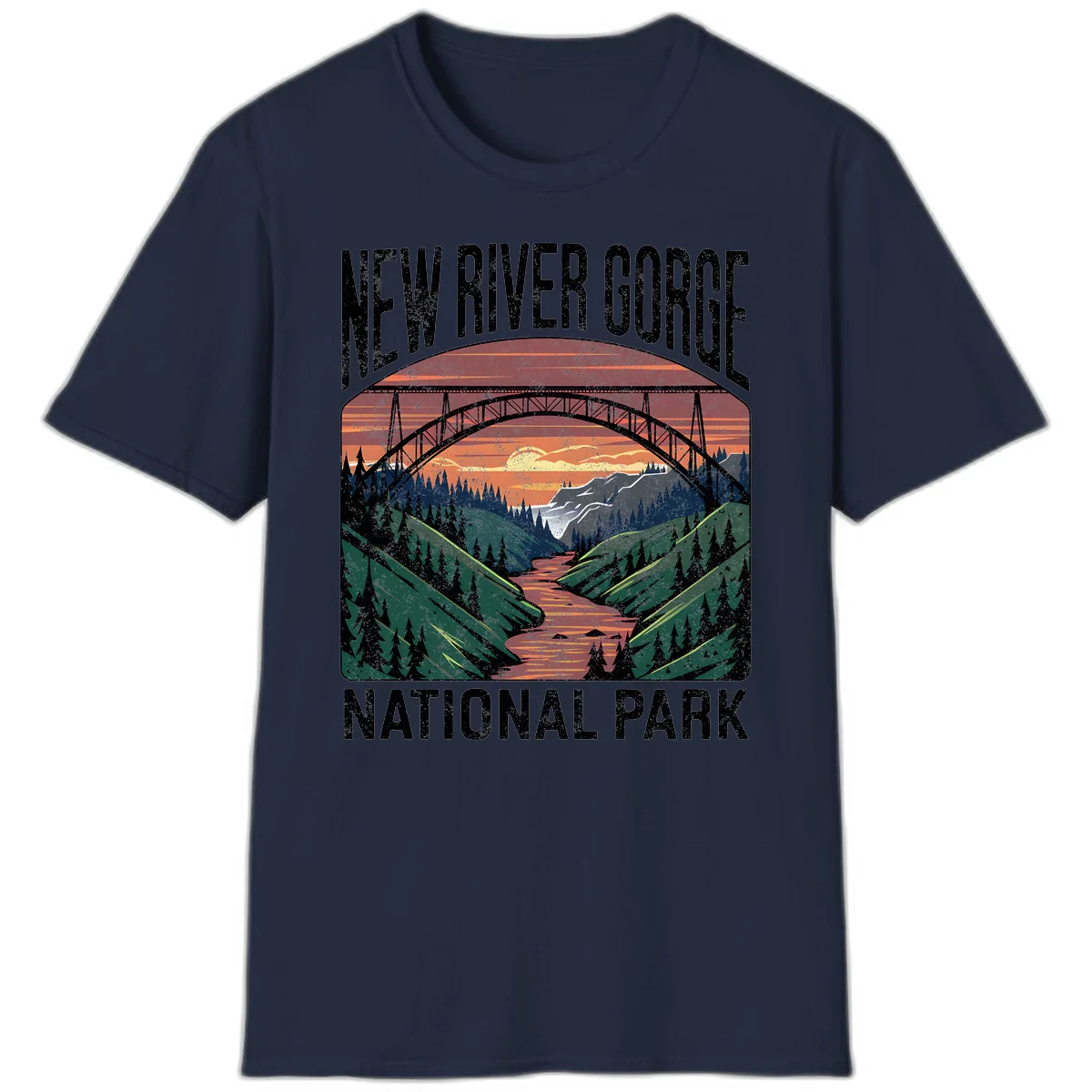 Vintage illustration of New River Gorge bridge spanning a forested river valley at sunset with orange and gold sky in Navy