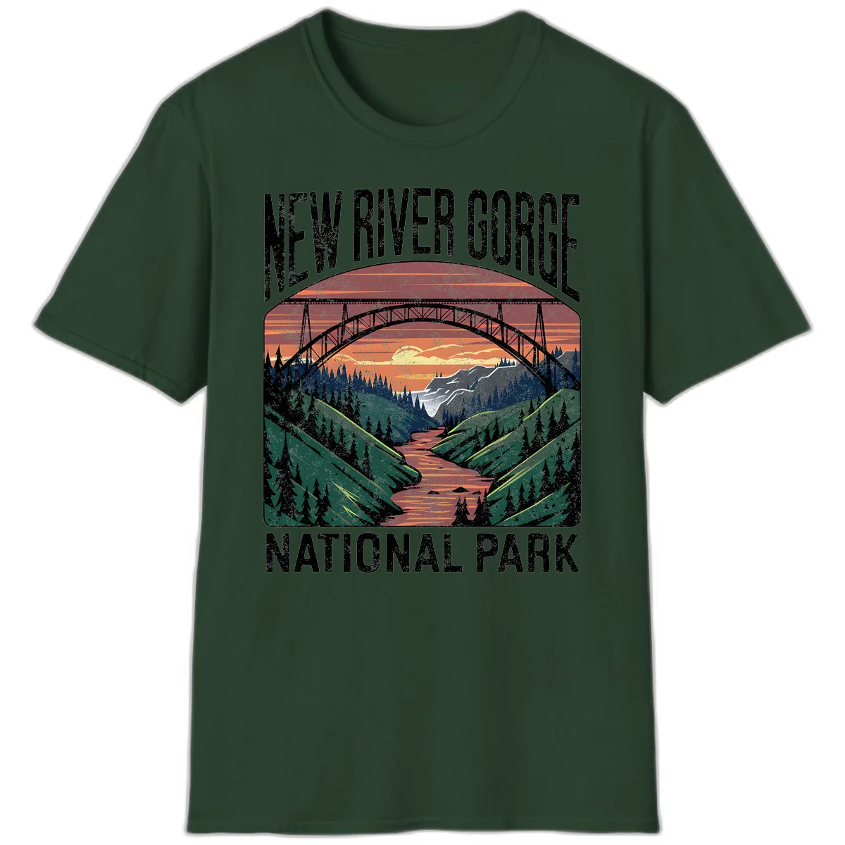 Vintage illustration of New River Gorge bridge spanning a forested river valley at sunset with orange and gold sky in Forest Green