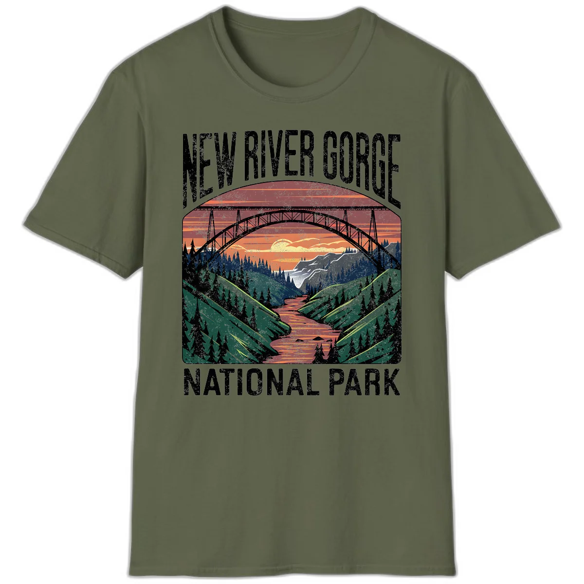 Vintage illustration of New River Gorge bridge spanning a forested river valley at sunset with orange and gold sky in Military Green