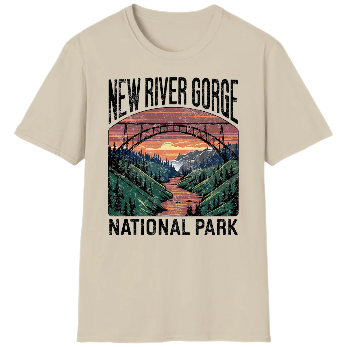 Vintage illustration of New River Gorge bridge spanning a forested river valley at sunset with orange and gold sky in Sand