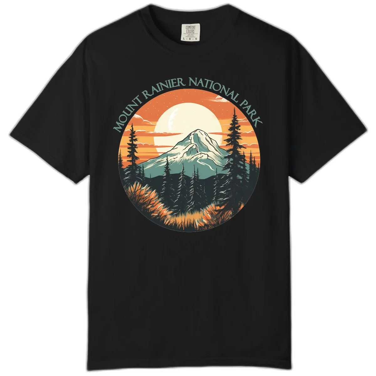 Mount Rainier sunset landscape with snow-capped peak, full moon, evergreen forest silhouettes, and wildflowers against orange sky in Black