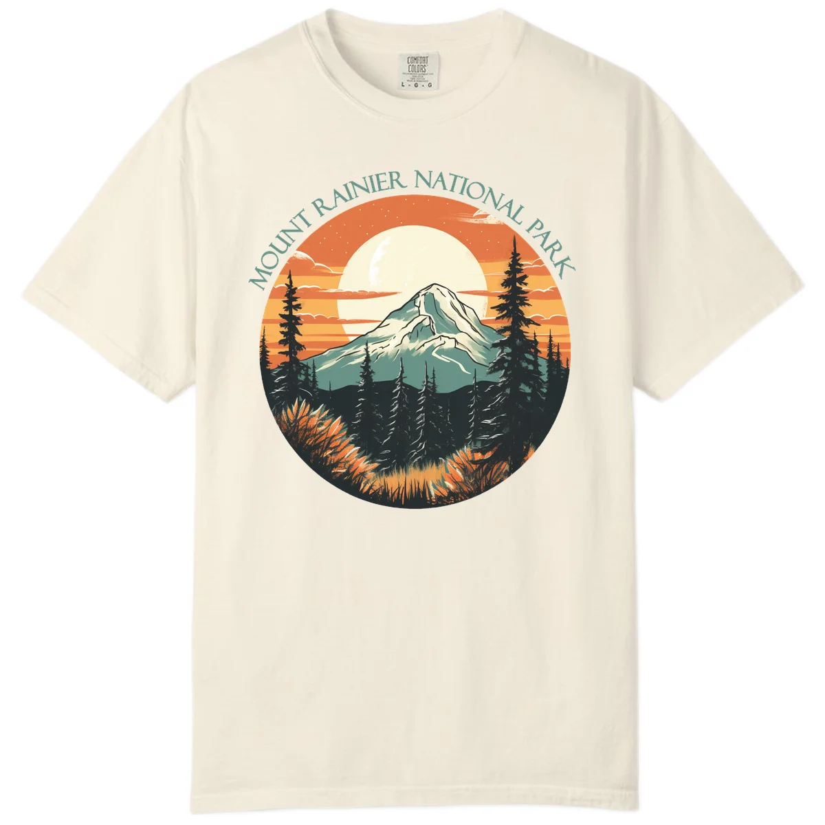 Mount Rainier sunset landscape with snow-capped peak, full moon, evergreen forest silhouettes, and wildflowers against orange sky in Ivory