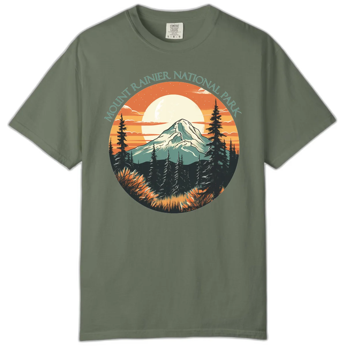 Mount Rainier sunset landscape with snow-capped peak, full moon, evergreen forest silhouettes, and wildflowers against orange sky in Moss