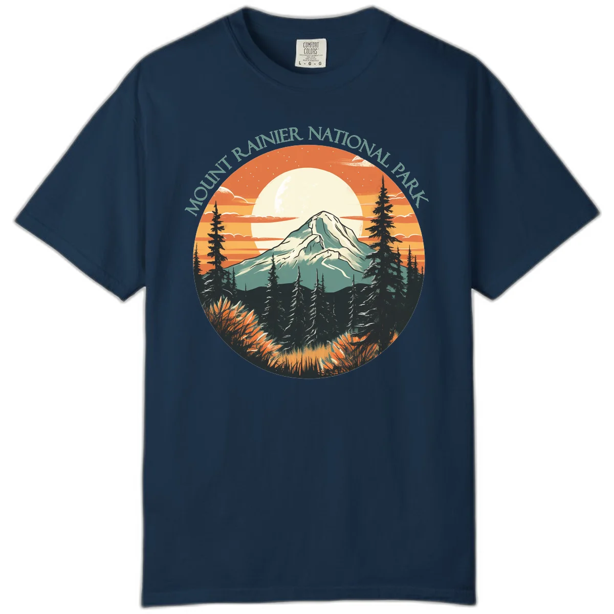 Mount Rainier sunset landscape with snow-capped peak, full moon, evergreen forest silhouettes, and wildflowers against orange sky in True Navy