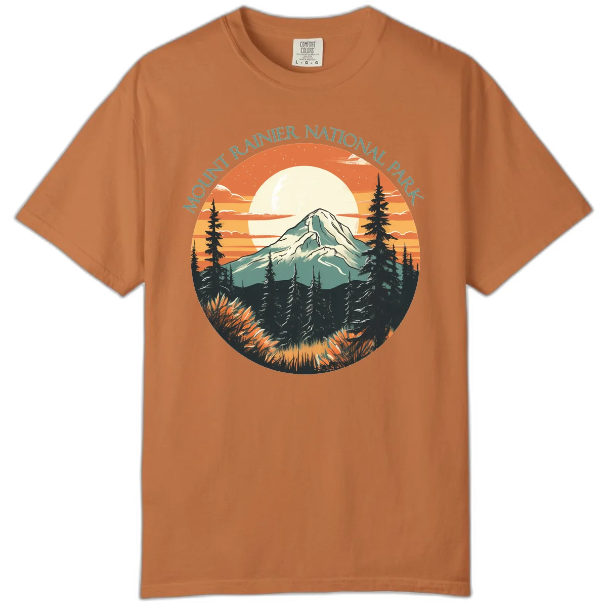 Mount Rainier sunset landscape with snow-capped peak, full moon, evergreen forest silhouettes, and wildflowers against orange sky in Yam