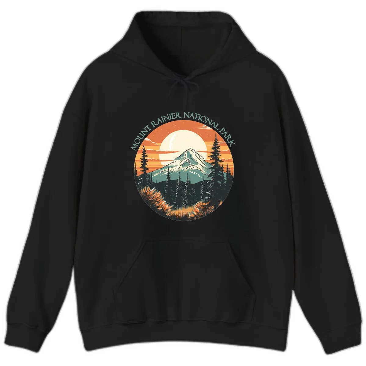 Mount Rainier sunset landscape with snow-capped peak, full moon, evergreen forest silhouettes, and wildflowers against orange sky in Black