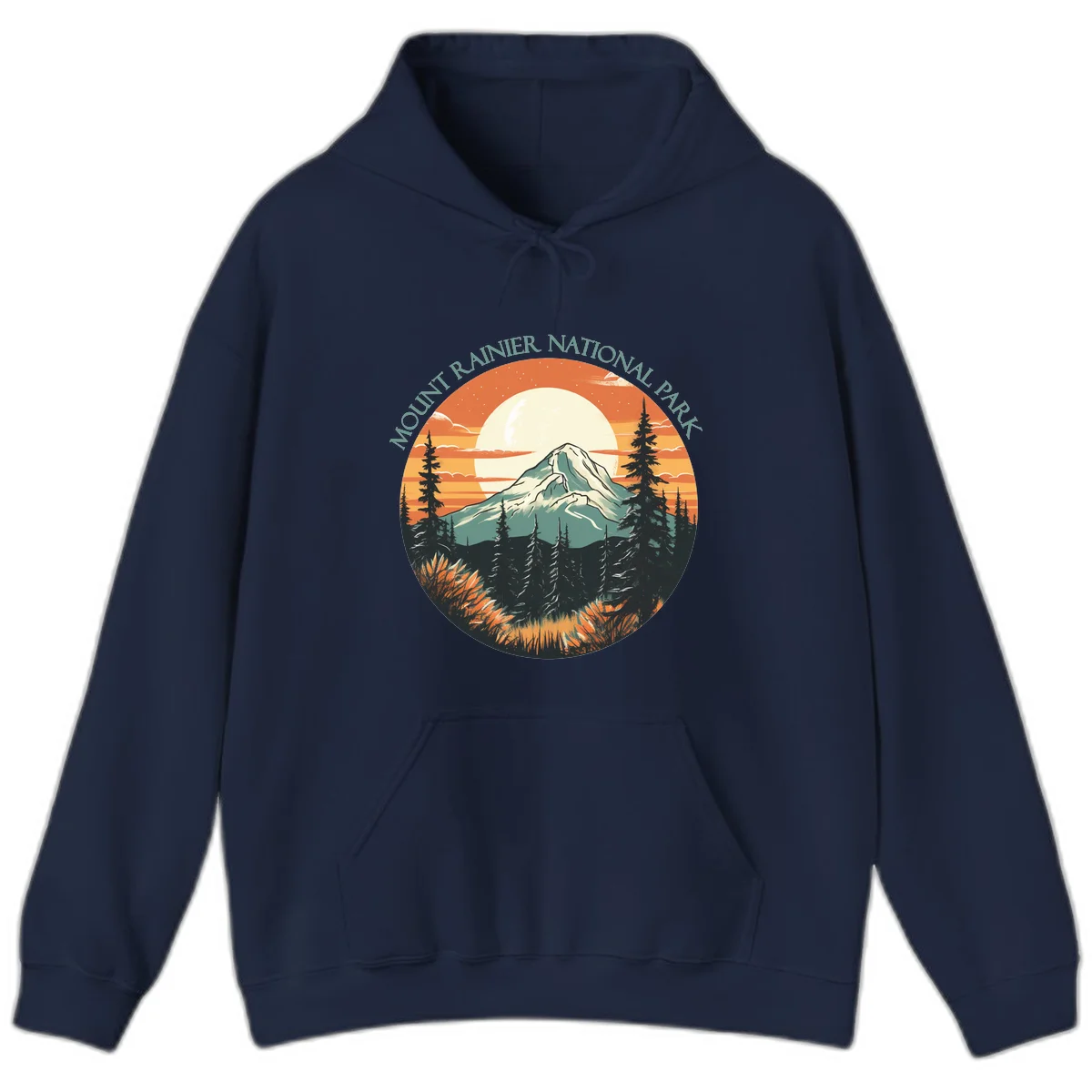 Mount Rainier sunset landscape with snow-capped peak, full moon, evergreen forest silhouettes, and wildflowers against orange sky in Navy