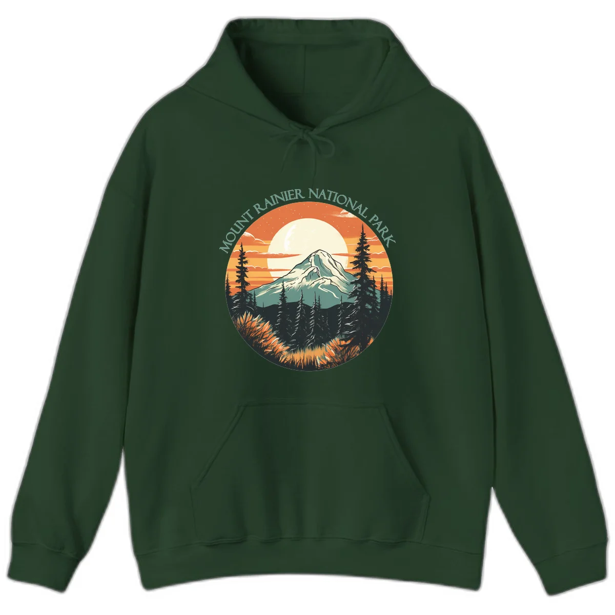 Mount Rainier sunset landscape with snow-capped peak, full moon, evergreen forest silhouettes, and wildflowers against orange sky in Forest Green