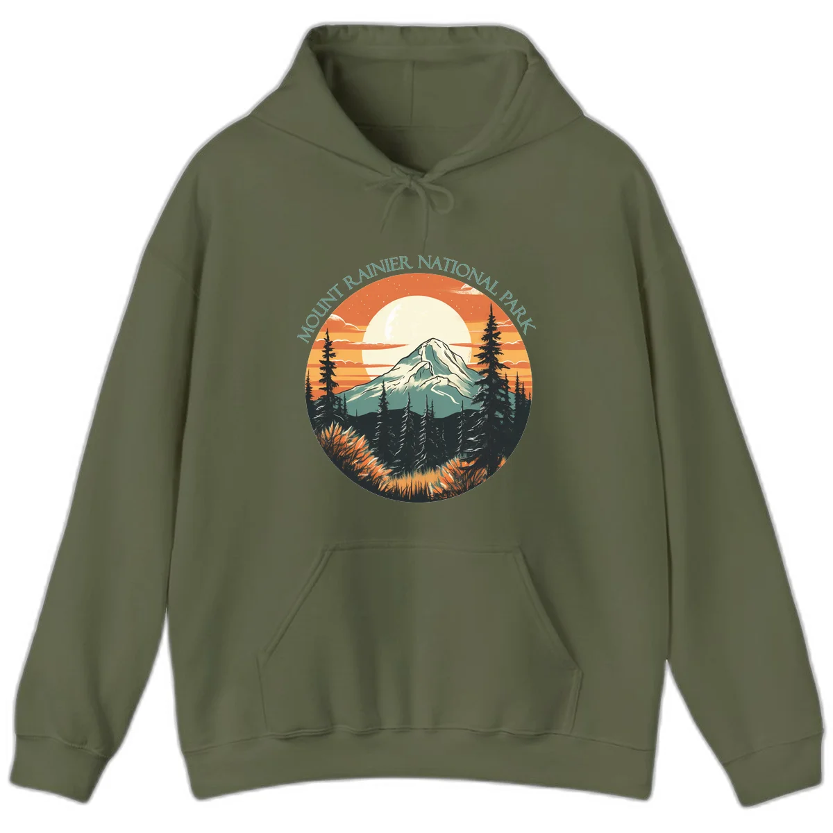 Mount Rainier sunset landscape with snow-capped peak, full moon, evergreen forest silhouettes, and wildflowers against orange sky in Military Green