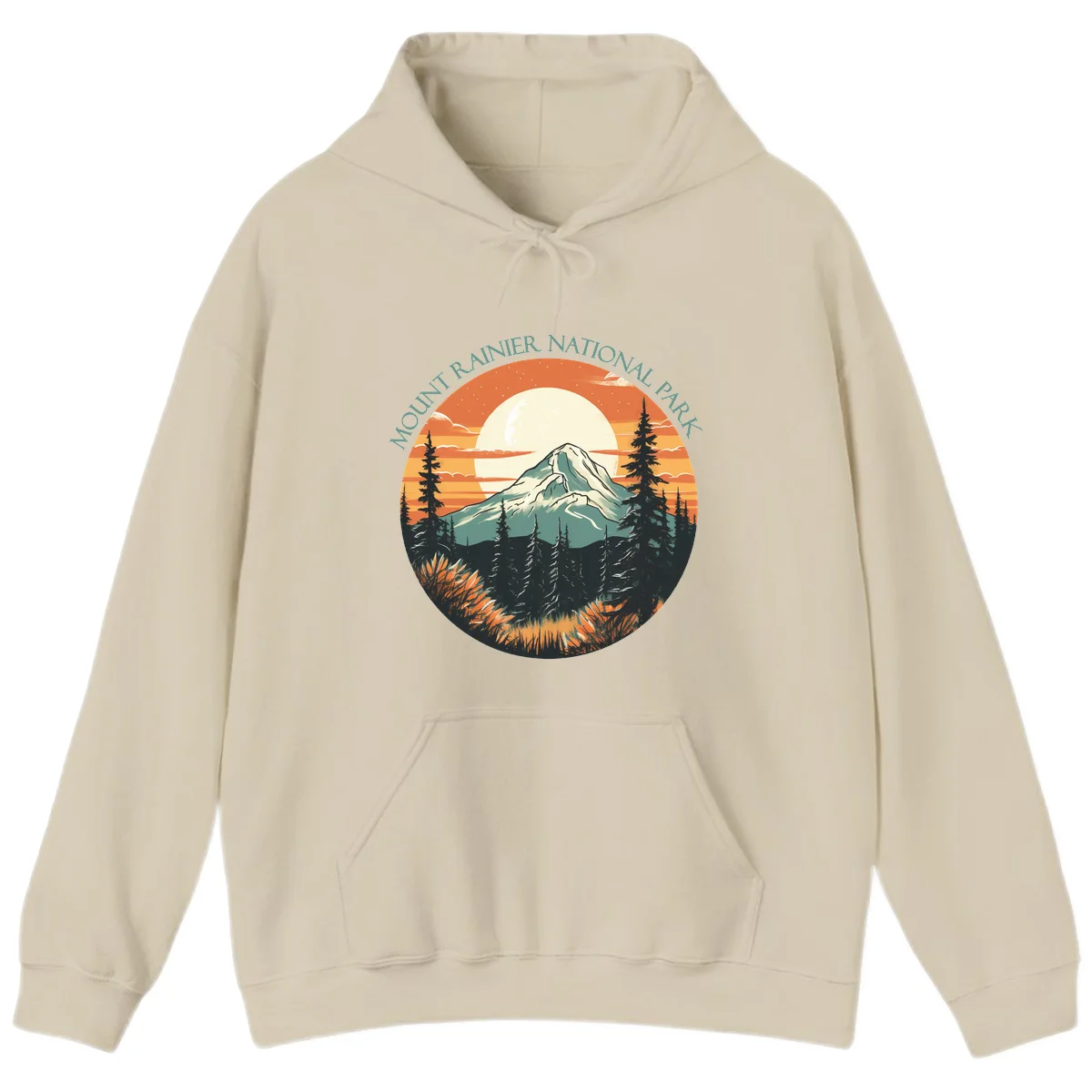 Mount Rainier sunset landscape with snow-capped peak, full moon, evergreen forest silhouettes, and wildflowers against orange sky in Sand