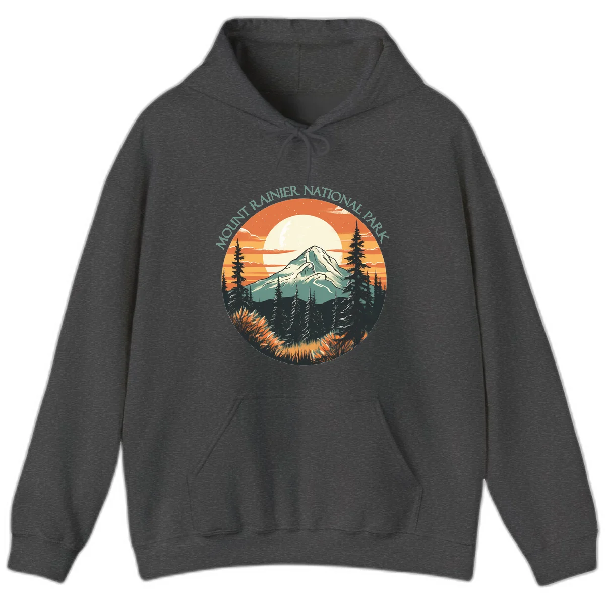 Mount Rainier sunset landscape with snow-capped peak, full moon, evergreen forest silhouettes, and wildflowers against orange sky in Dark Heather