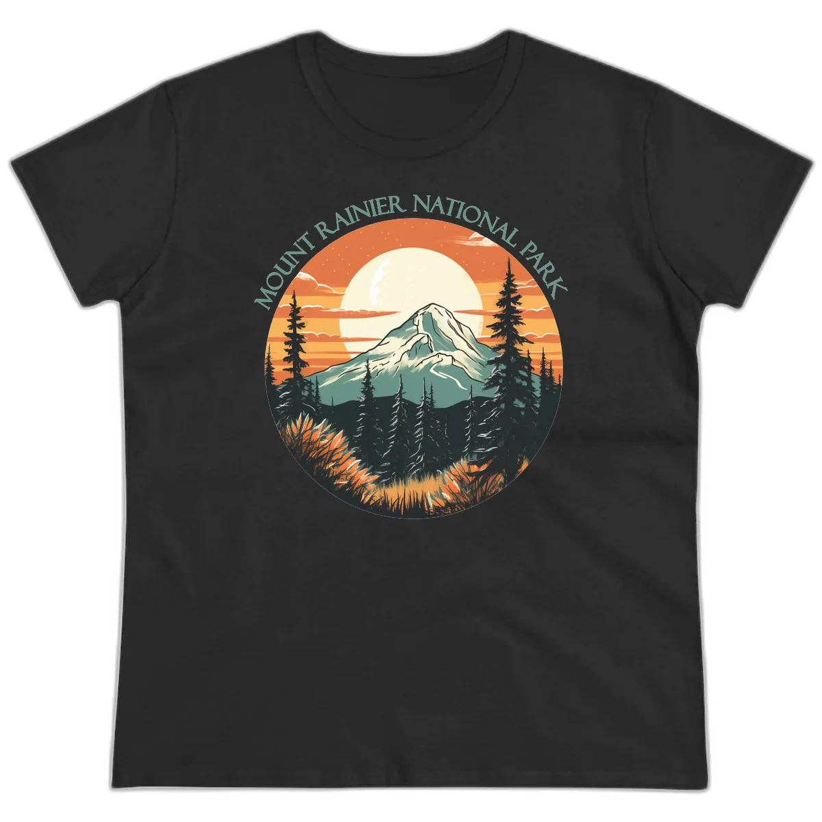 Mount Rainier sunset landscape with snow-capped peak, full moon, evergreen forest silhouettes, and wildflowers against orange sky in Black