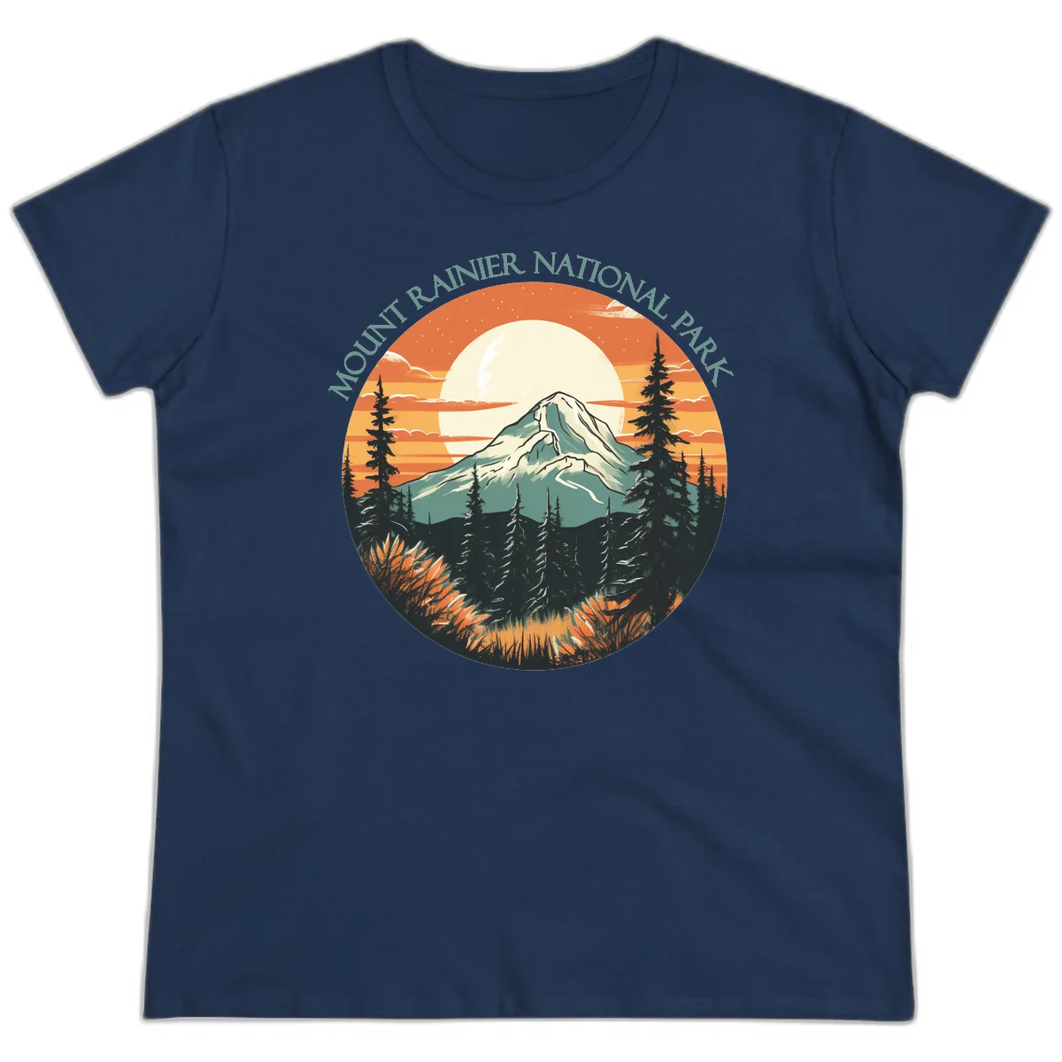 Mount Rainier sunset landscape with snow-capped peak, full moon, evergreen forest silhouettes, and wildflowers against orange sky in Navy