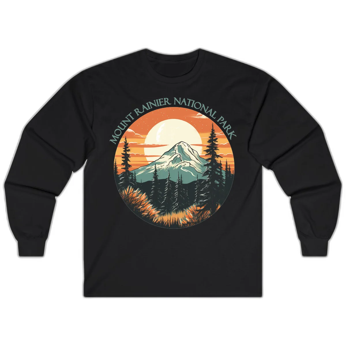 Mount Rainier sunset landscape with snow-capped peak, full moon, evergreen forest silhouettes, and wildflowers against orange sky in Black