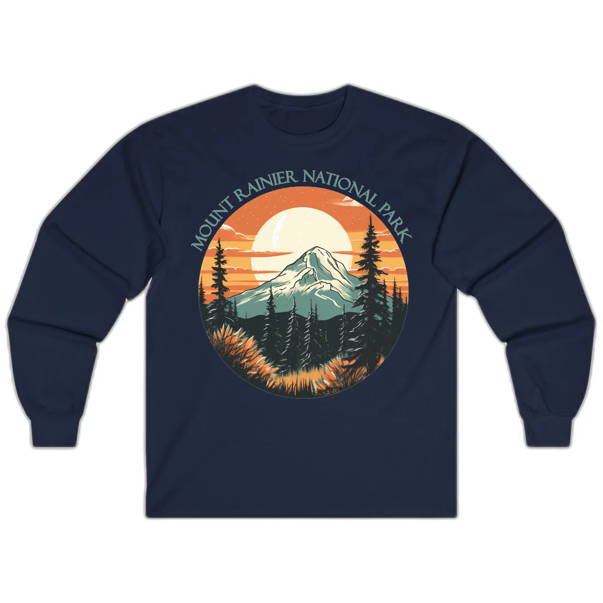 Mount Rainier sunset landscape with snow-capped peak, full moon, evergreen forest silhouettes, and wildflowers against orange sky in Navy