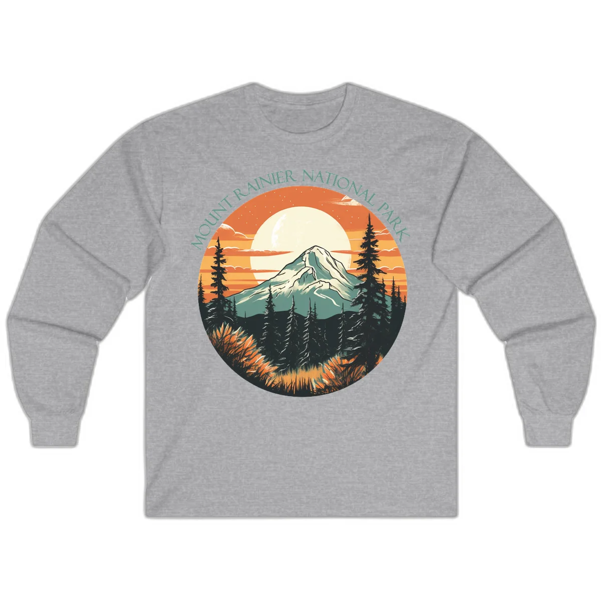 Mount Rainier sunset landscape with snow-capped peak, full moon, evergreen forest silhouettes, and wildflowers against orange sky in Sport Grey