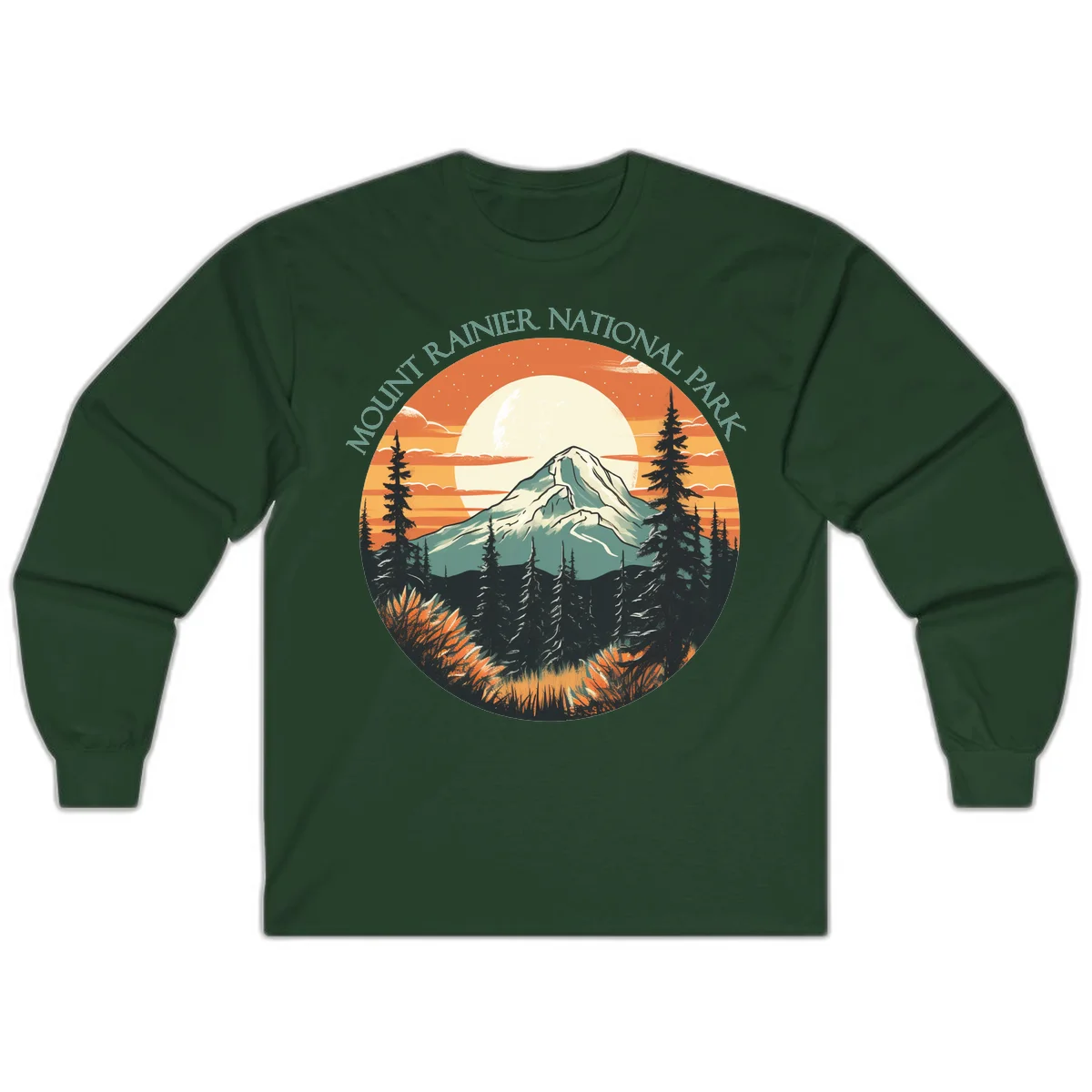 Mount Rainier sunset landscape with snow-capped peak, full moon, evergreen forest silhouettes, and wildflowers against orange sky in Forest Green