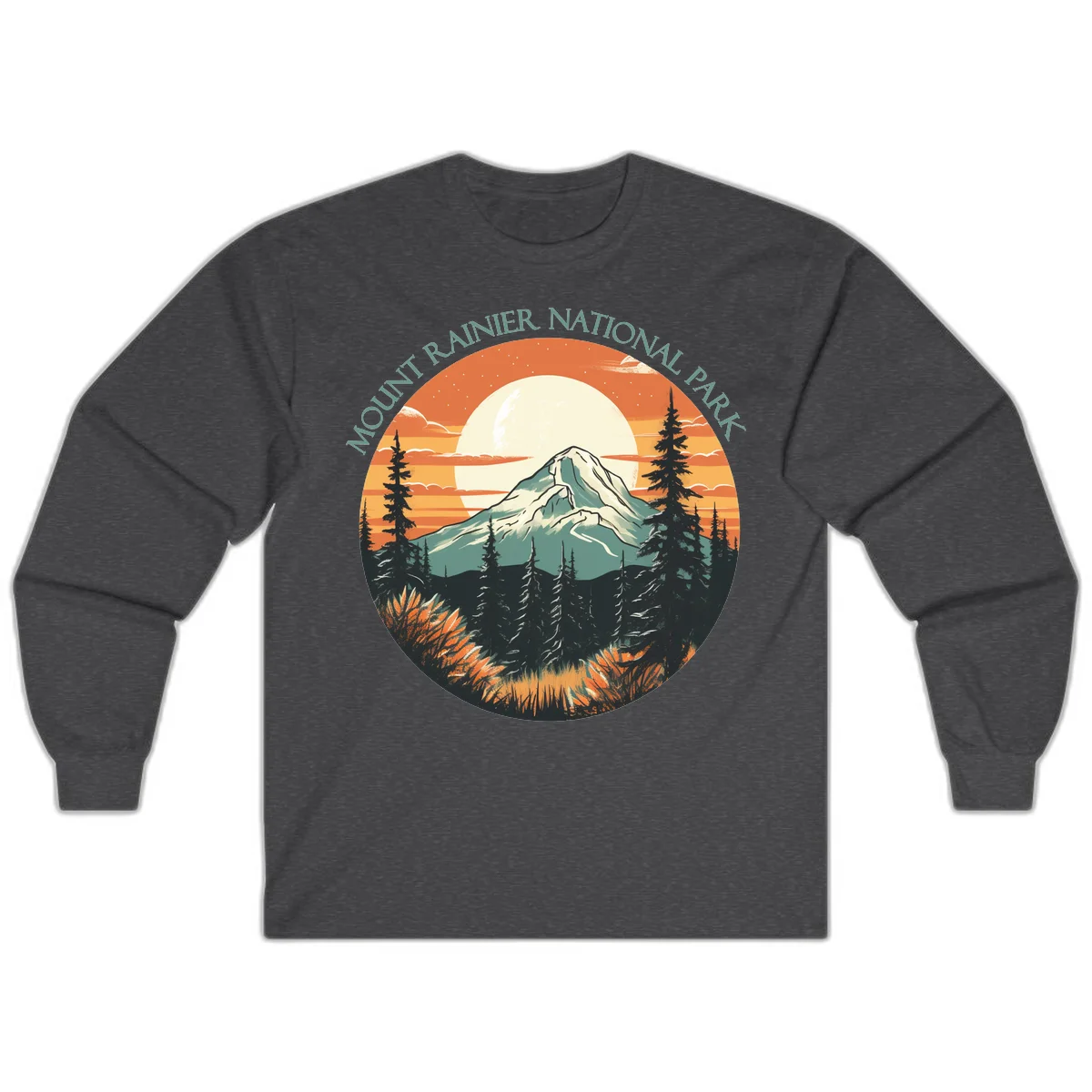 Mount Rainier sunset landscape with snow-capped peak, full moon, evergreen forest silhouettes, and wildflowers against orange sky in Dark Heather