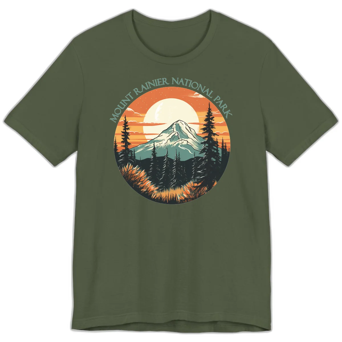 Mount Rainier sunset landscape with snow-capped peak, full moon, evergreen forest silhouettes, and wildflowers against orange sky in Military Green