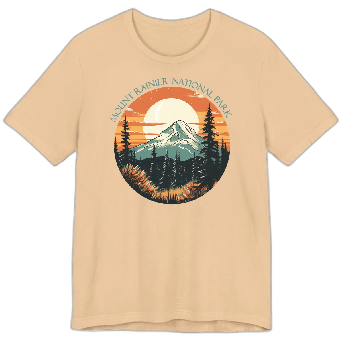 Mount Rainier sunset landscape with snow-capped peak, full moon, evergreen forest silhouettes, and wildflowers against orange sky in Sand Dune