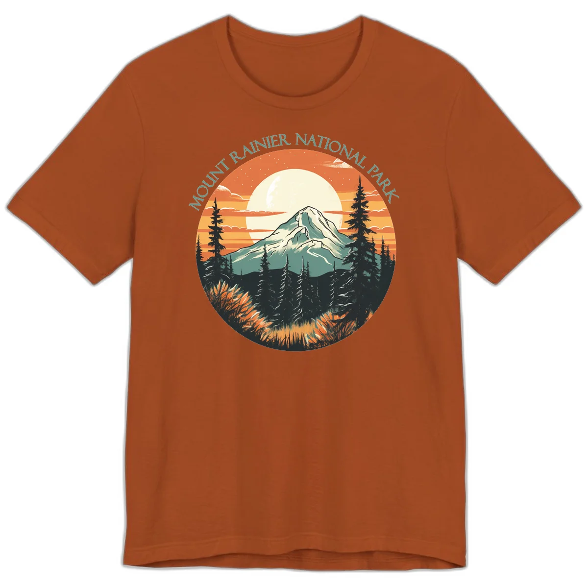 Mount Rainier sunset landscape with snow-capped peak, full moon, evergreen forest silhouettes, and wildflowers against orange sky in Autumn