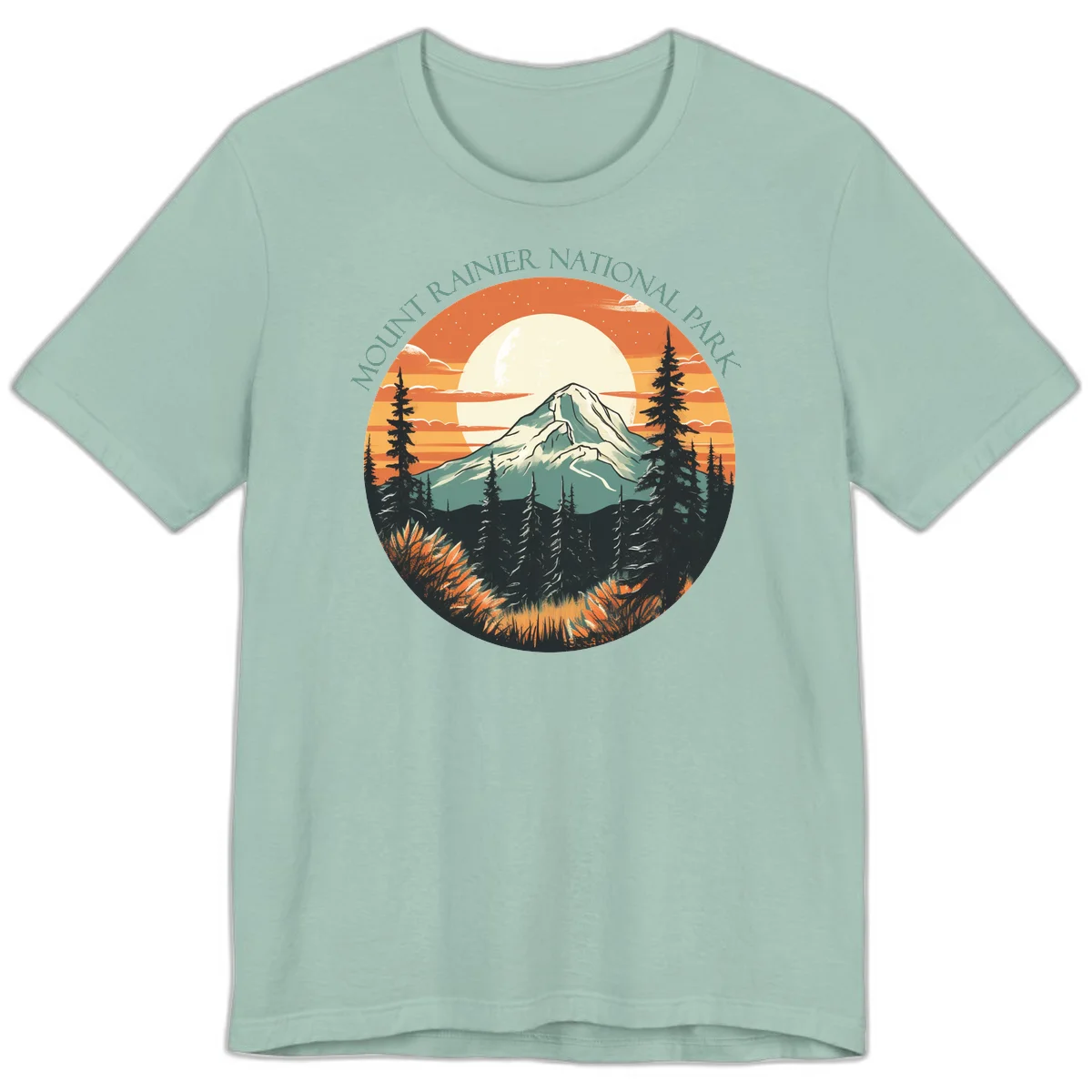 Mount Rainier sunset landscape with snow-capped peak, full moon, evergreen forest silhouettes, and wildflowers against orange sky in Dusty Blue