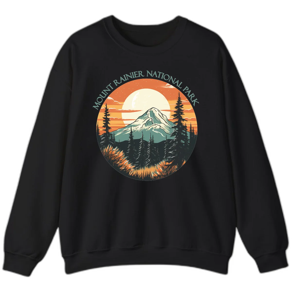 Mount Rainier sunset landscape with snow-capped peak, full moon, evergreen forest silhouettes, and wildflowers against orange sky in Black