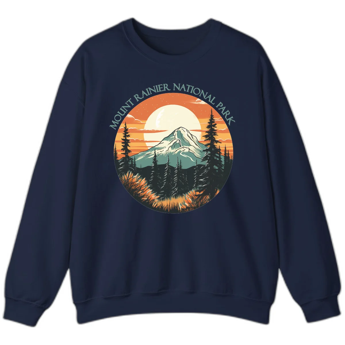 Mount Rainier sunset landscape with snow-capped peak, full moon, evergreen forest silhouettes, and wildflowers against orange sky in Navy