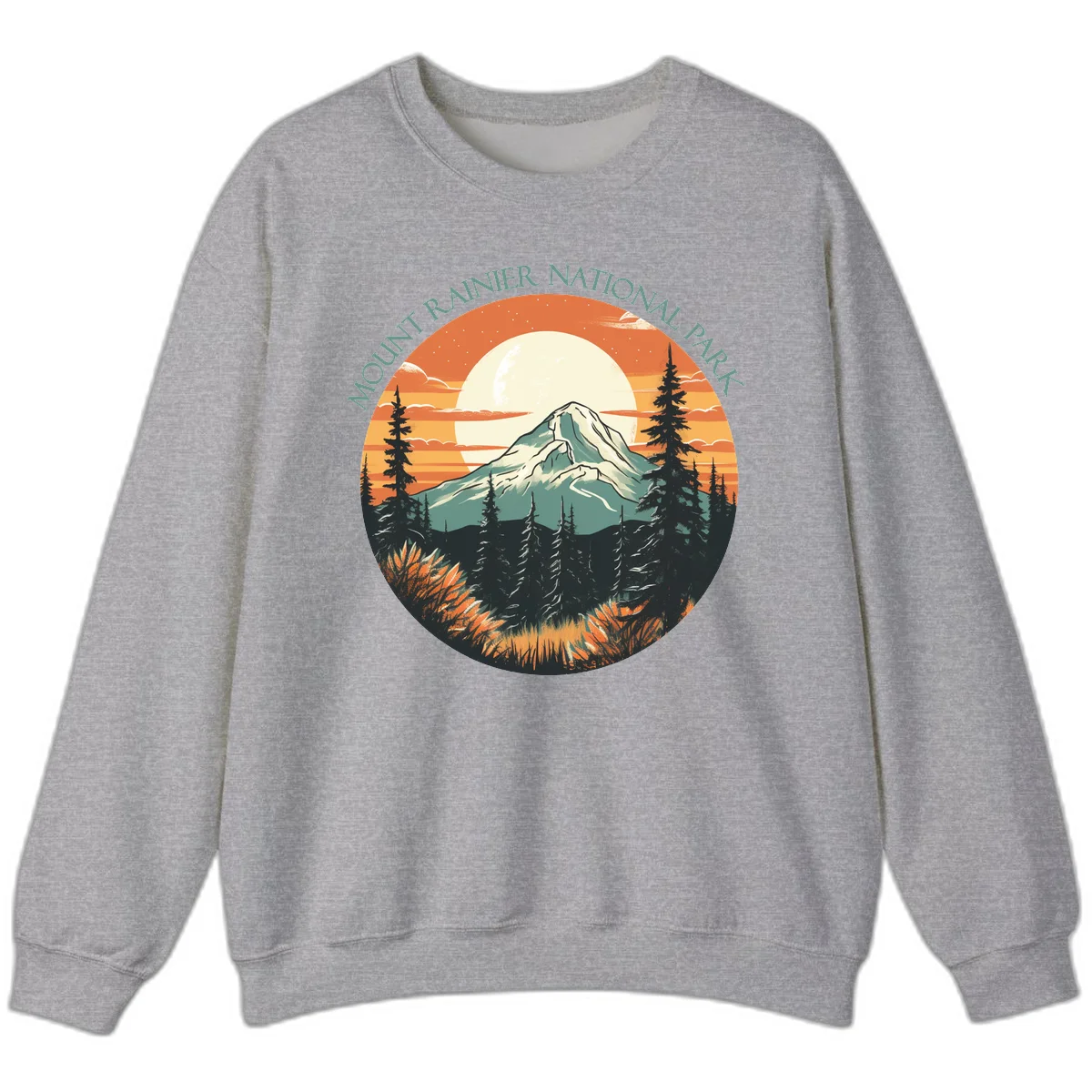 Mount Rainier sunset landscape with snow-capped peak, full moon, evergreen forest silhouettes, and wildflowers against orange sky in Sport Grey