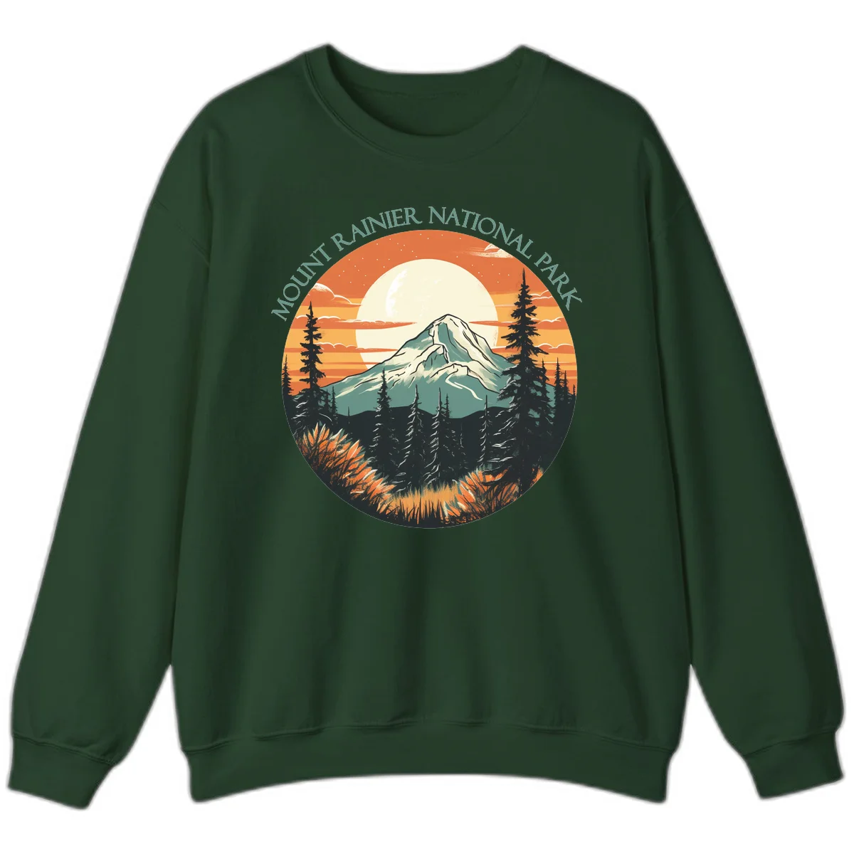 Mount Rainier sunset landscape with snow-capped peak, full moon, evergreen forest silhouettes, and wildflowers against orange sky in Forest Green