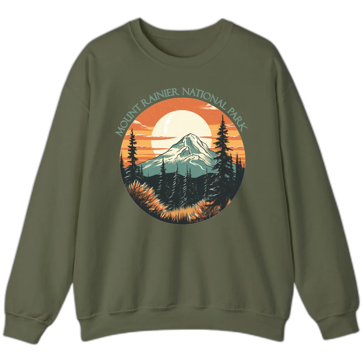 Mount Rainier sunset landscape with snow-capped peak, full moon, evergreen forest silhouettes, and wildflowers against orange sky in Military Green