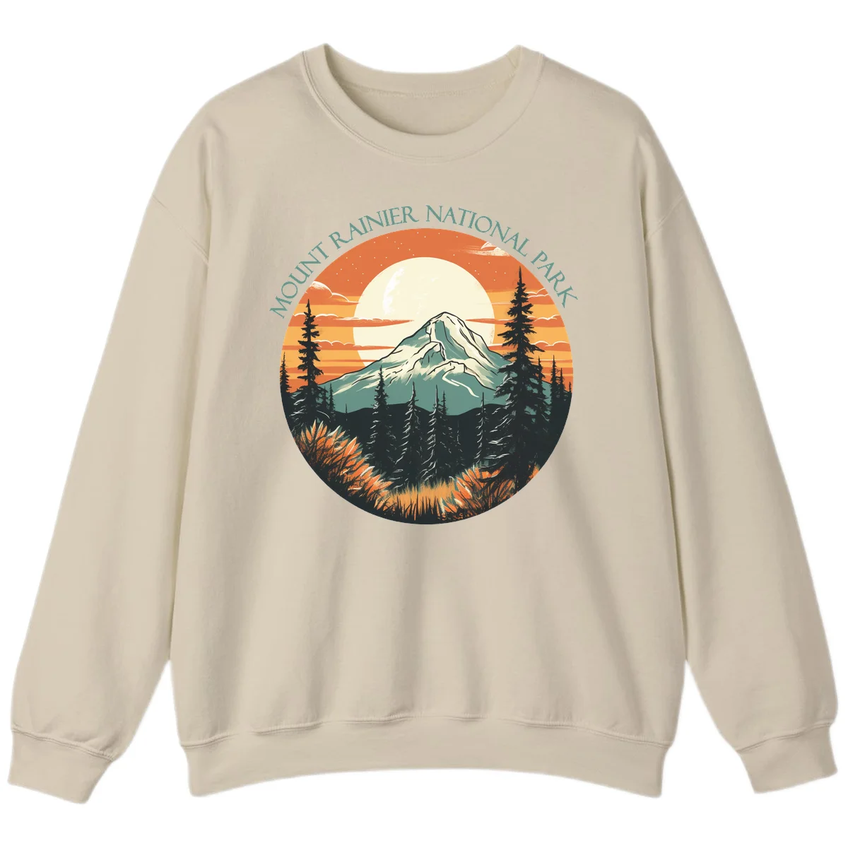 Mount Rainier sunset landscape with snow-capped peak, full moon, evergreen forest silhouettes, and wildflowers against orange sky in Sand