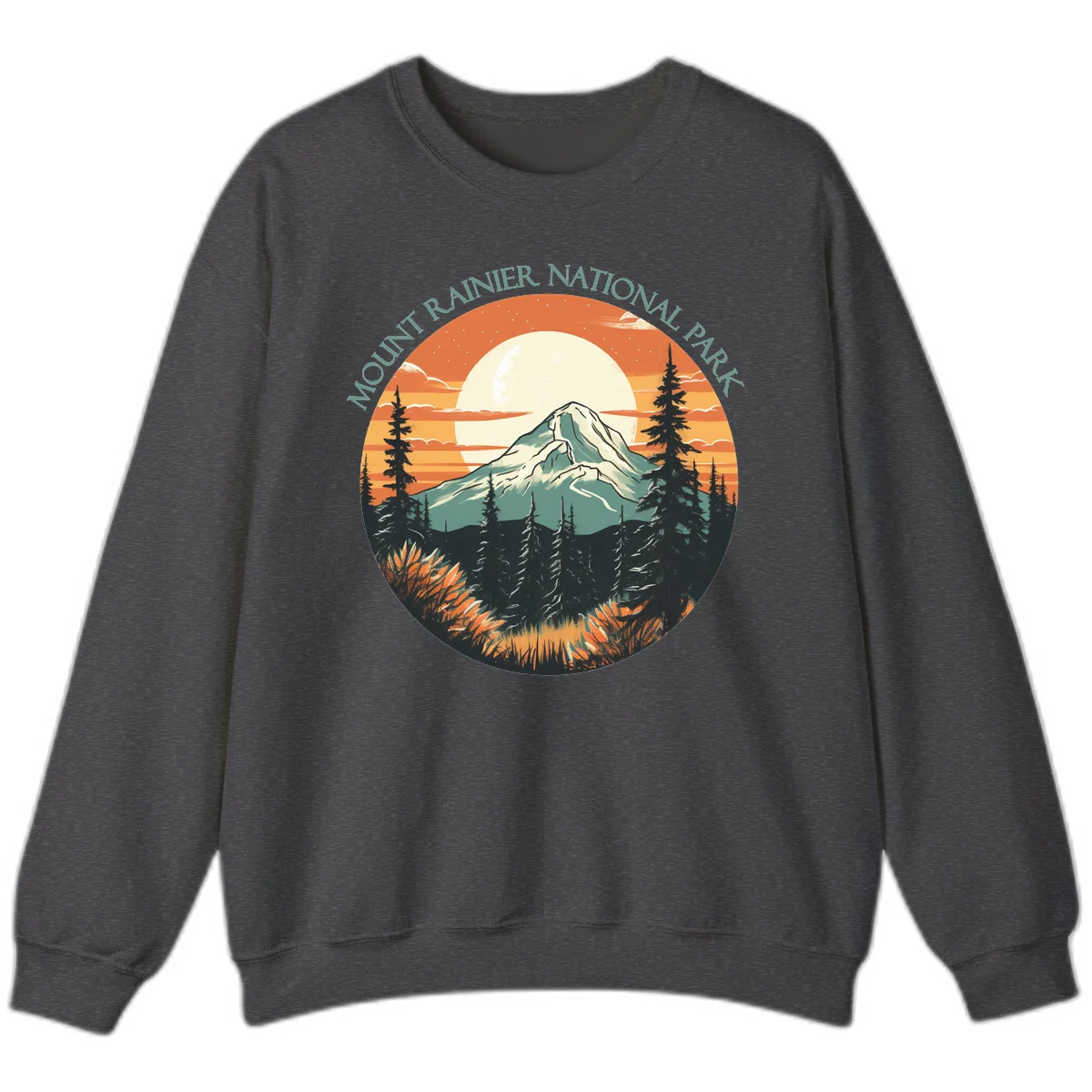 Mount Rainier sunset landscape with snow-capped peak, full moon, evergreen forest silhouettes, and wildflowers against orange sky in Dark Heather