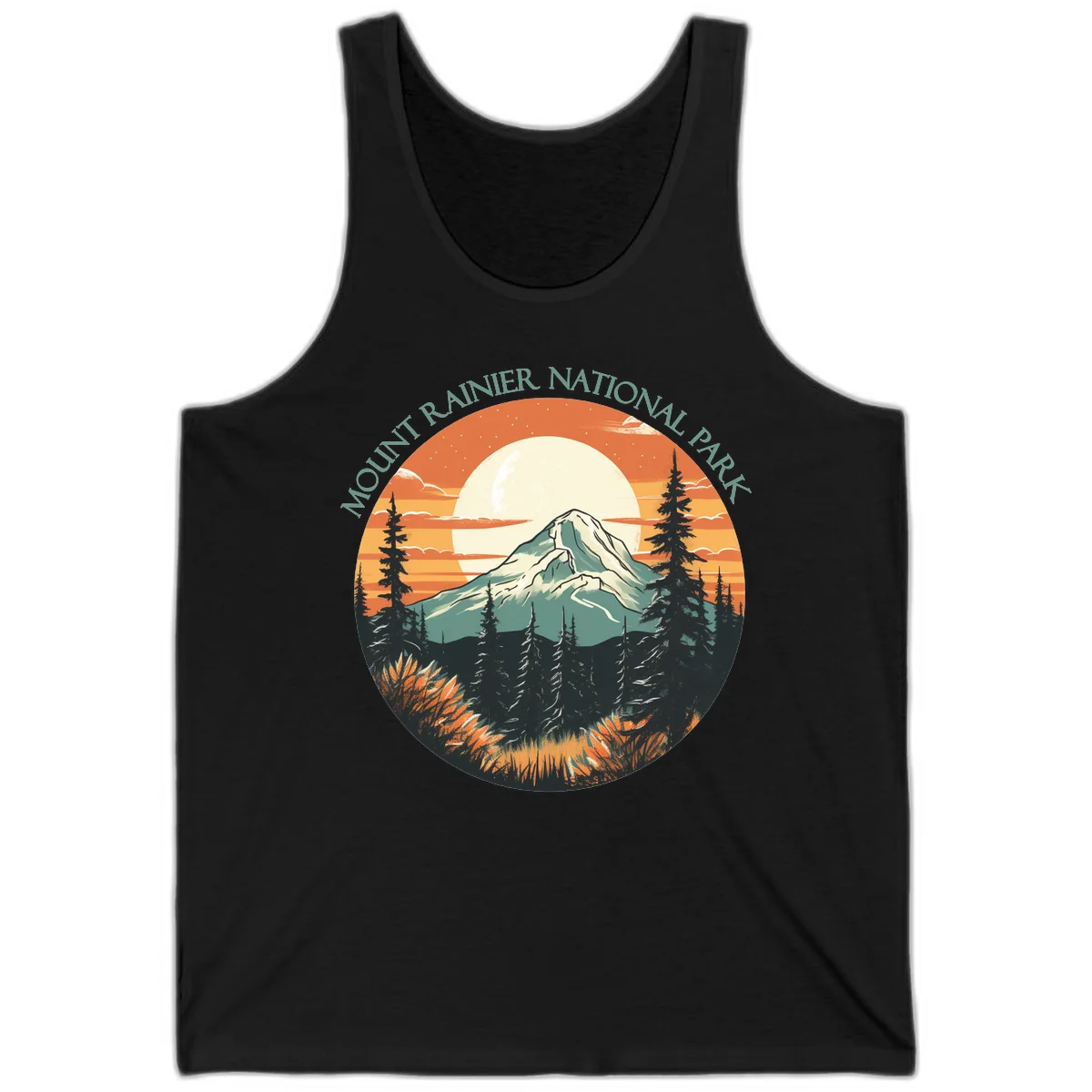 Mount Rainier sunset landscape with snow-capped peak, full moon, evergreen forest silhouettes, and wildflowers against orange sky in Black