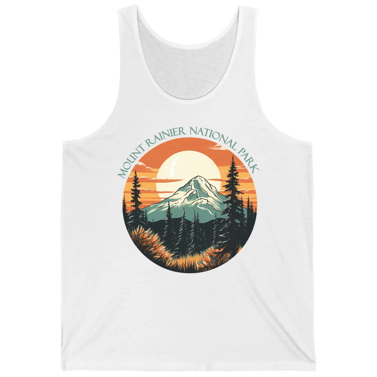 Mount Rainier sunset landscape with snow-capped peak, full moon, evergreen forest silhouettes, and wildflowers against orange sky in White