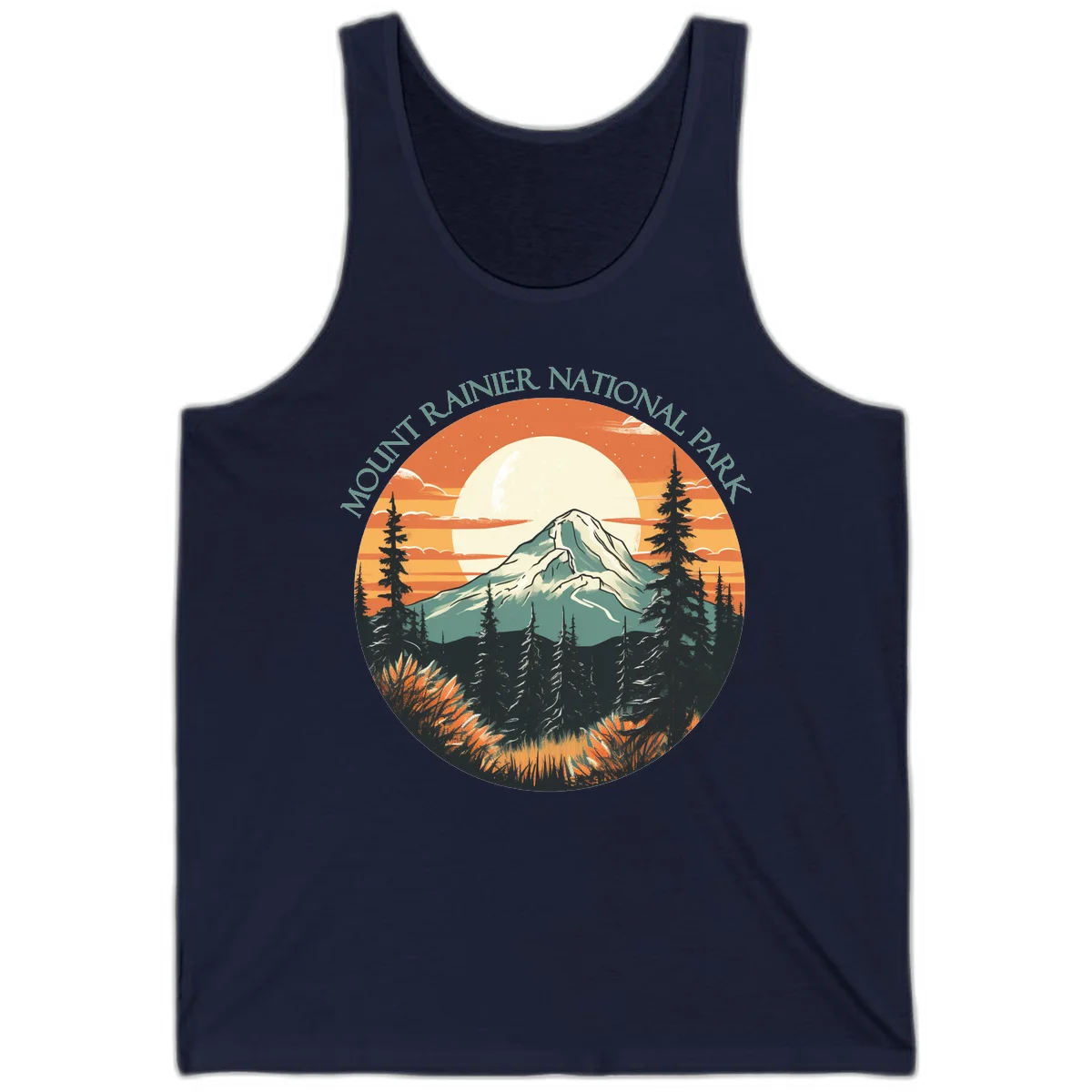 Mount Rainier sunset landscape with snow-capped peak, full moon, evergreen forest silhouettes, and wildflowers against orange sky in Navy