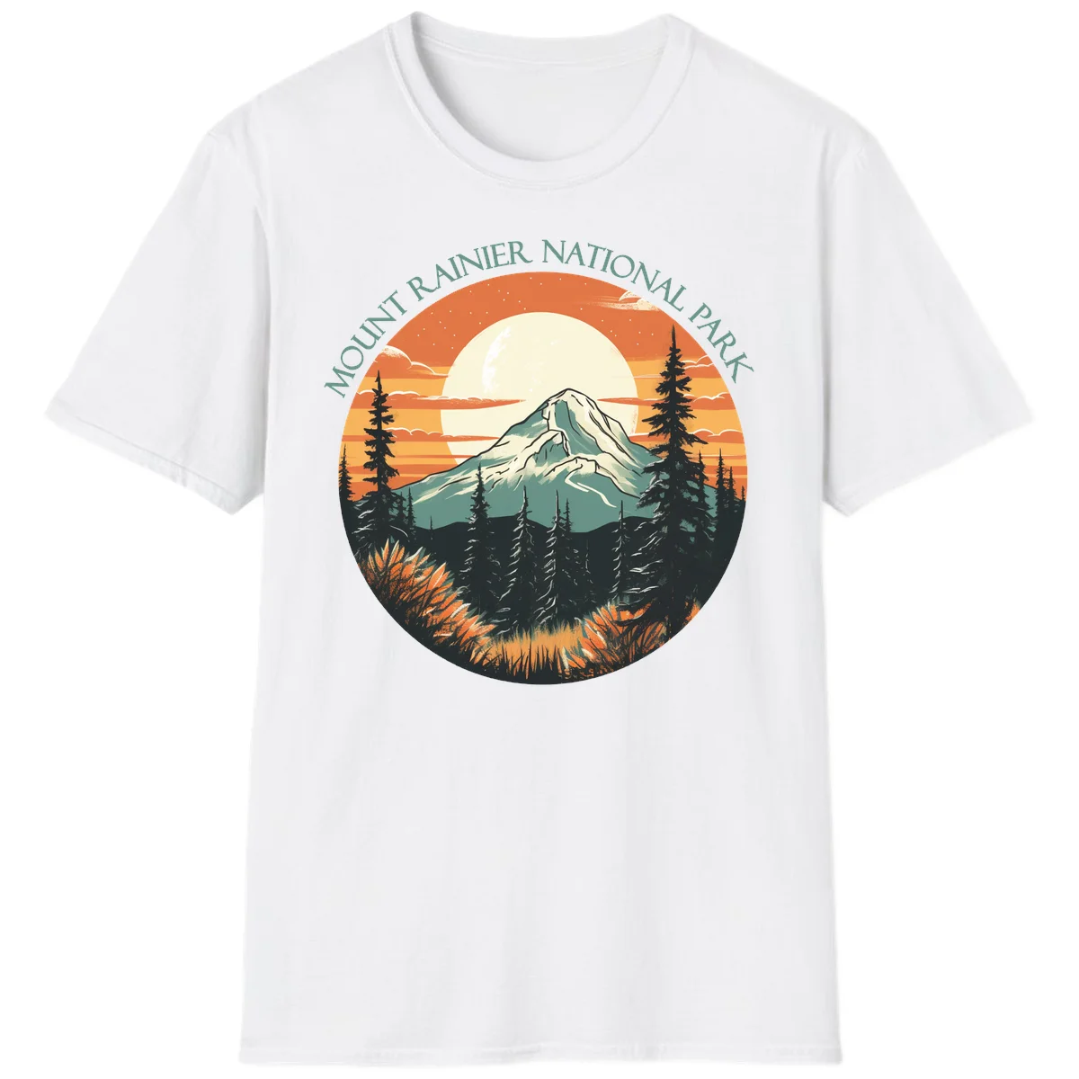 Mount Rainier sunset landscape with snow-capped peak, full moon, evergreen forest silhouettes, and wildflowers against orange sky in White