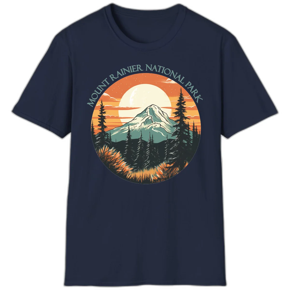 Mount Rainier sunset landscape with snow-capped peak, full moon, evergreen forest silhouettes, and wildflowers against orange sky in Navy