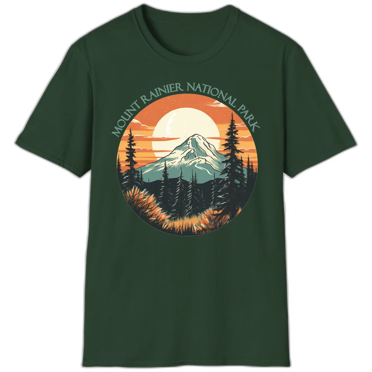 Mount Rainier sunset landscape with snow-capped peak, full moon, evergreen forest silhouettes, and wildflowers against orange sky in Forest Green