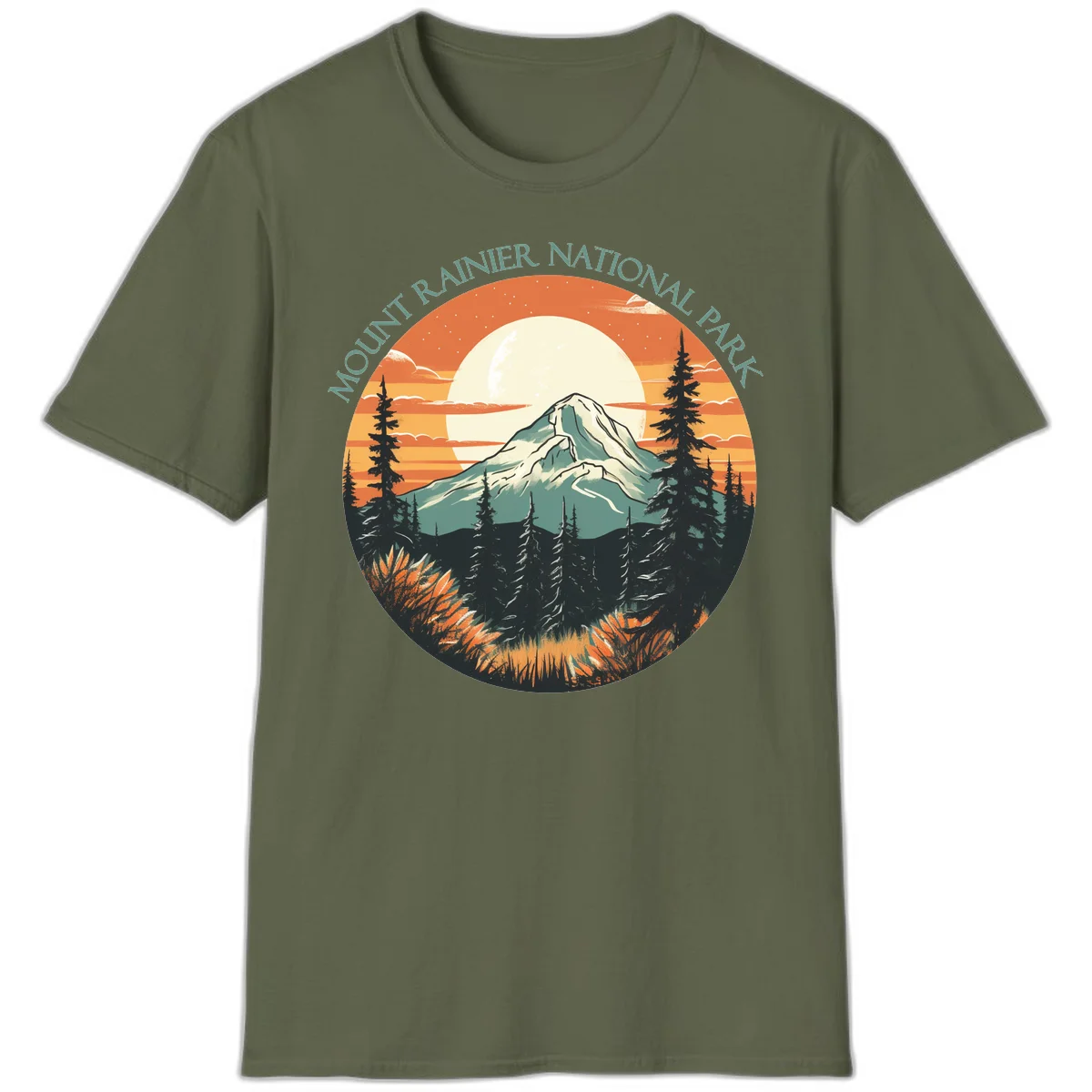 Mount Rainier sunset landscape with snow-capped peak, full moon, evergreen forest silhouettes, and wildflowers against orange sky in Military Green