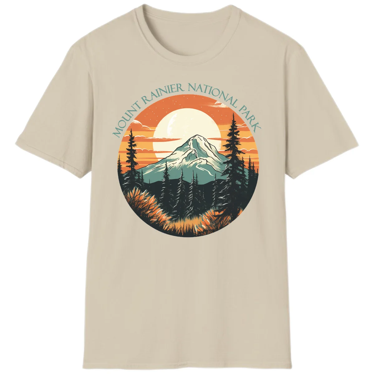 Mount Rainier sunset landscape with snow-capped peak, full moon, evergreen forest silhouettes, and wildflowers against orange sky in Sand