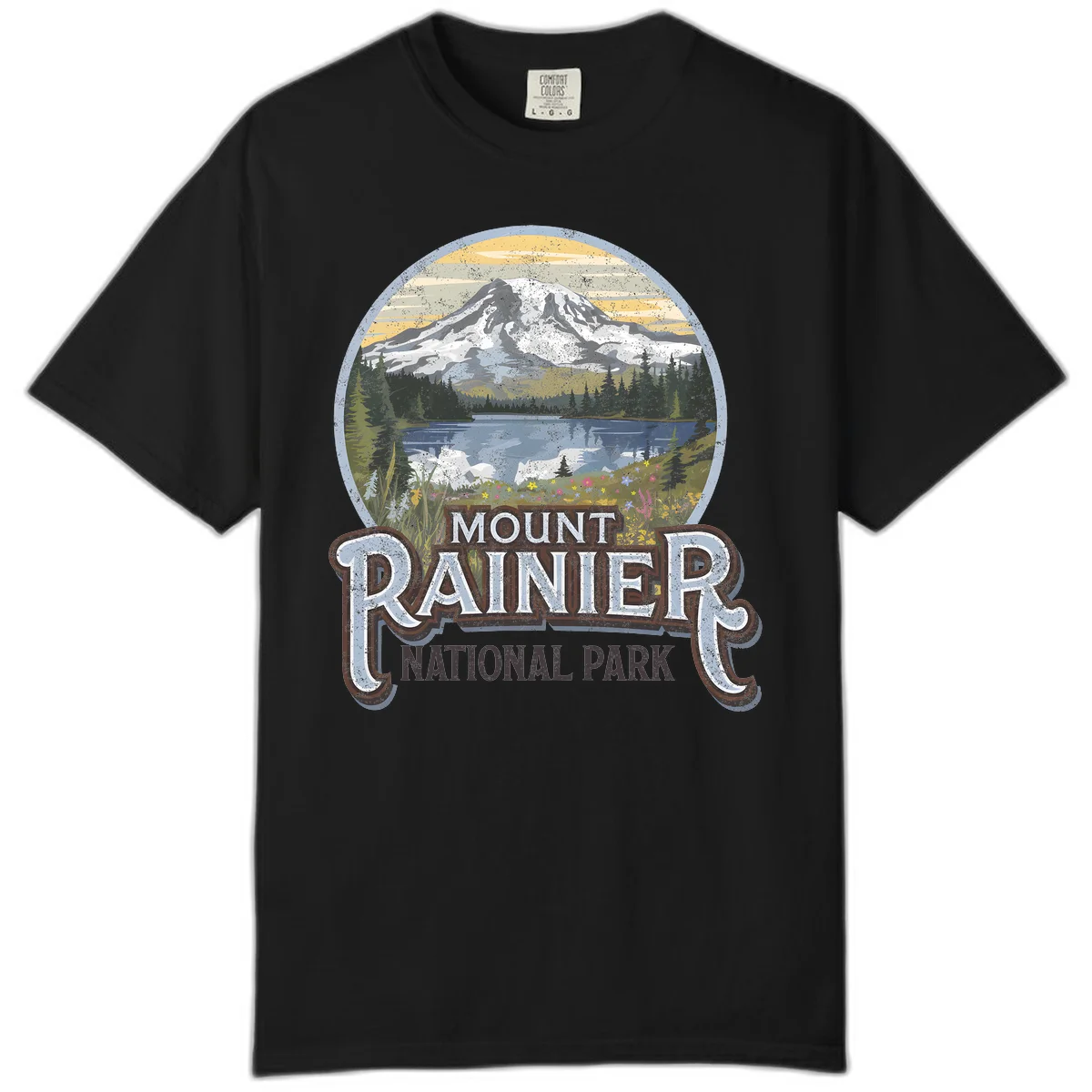 Vintage Mount Rainier National Park badge design with snow-capped peak, alpine lake, evergreen forest, and wildflowers on distressed background in Black