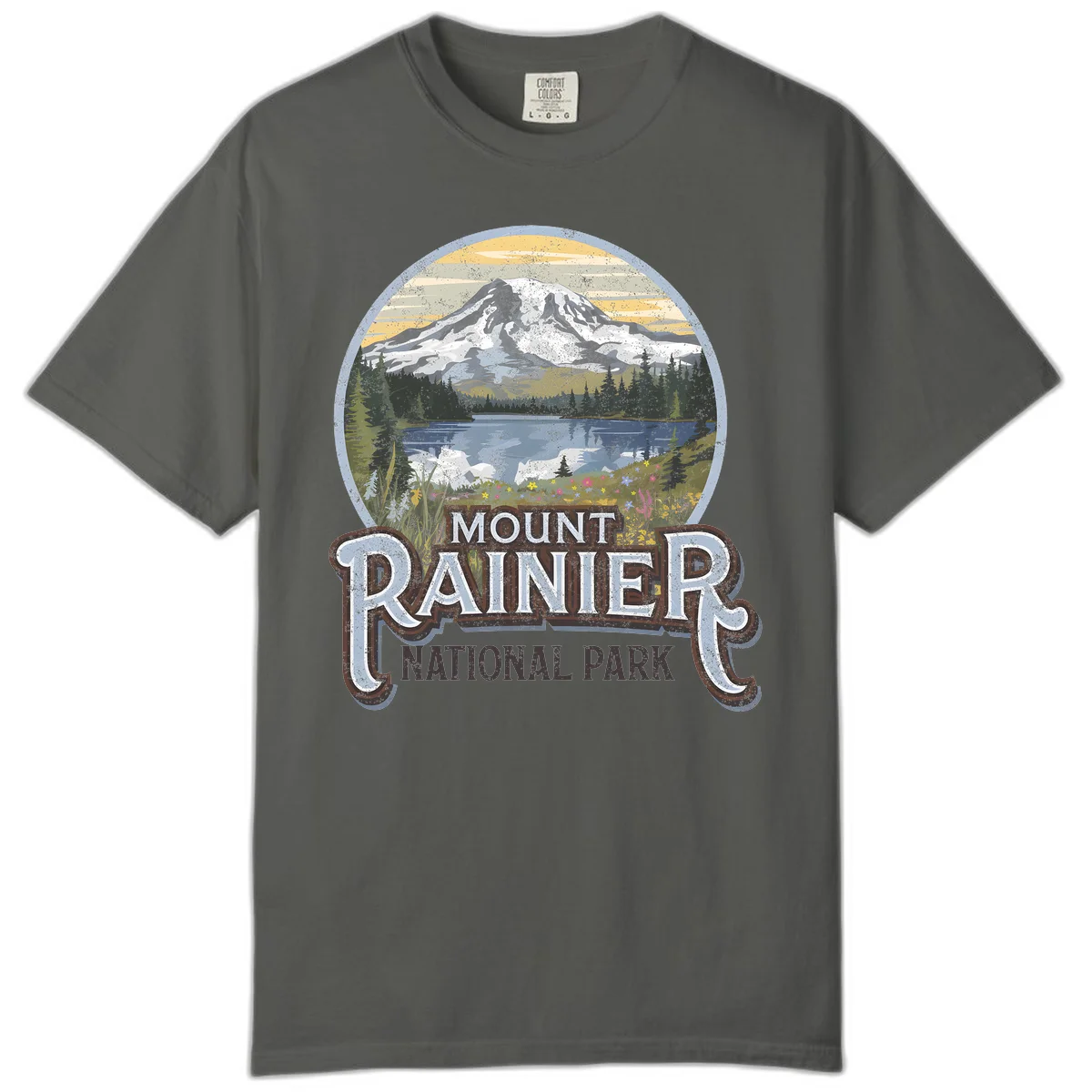 Vintage Mount Rainier National Park badge design with snow-capped peak, alpine lake, evergreen forest, and wildflowers on distressed background in Pepper