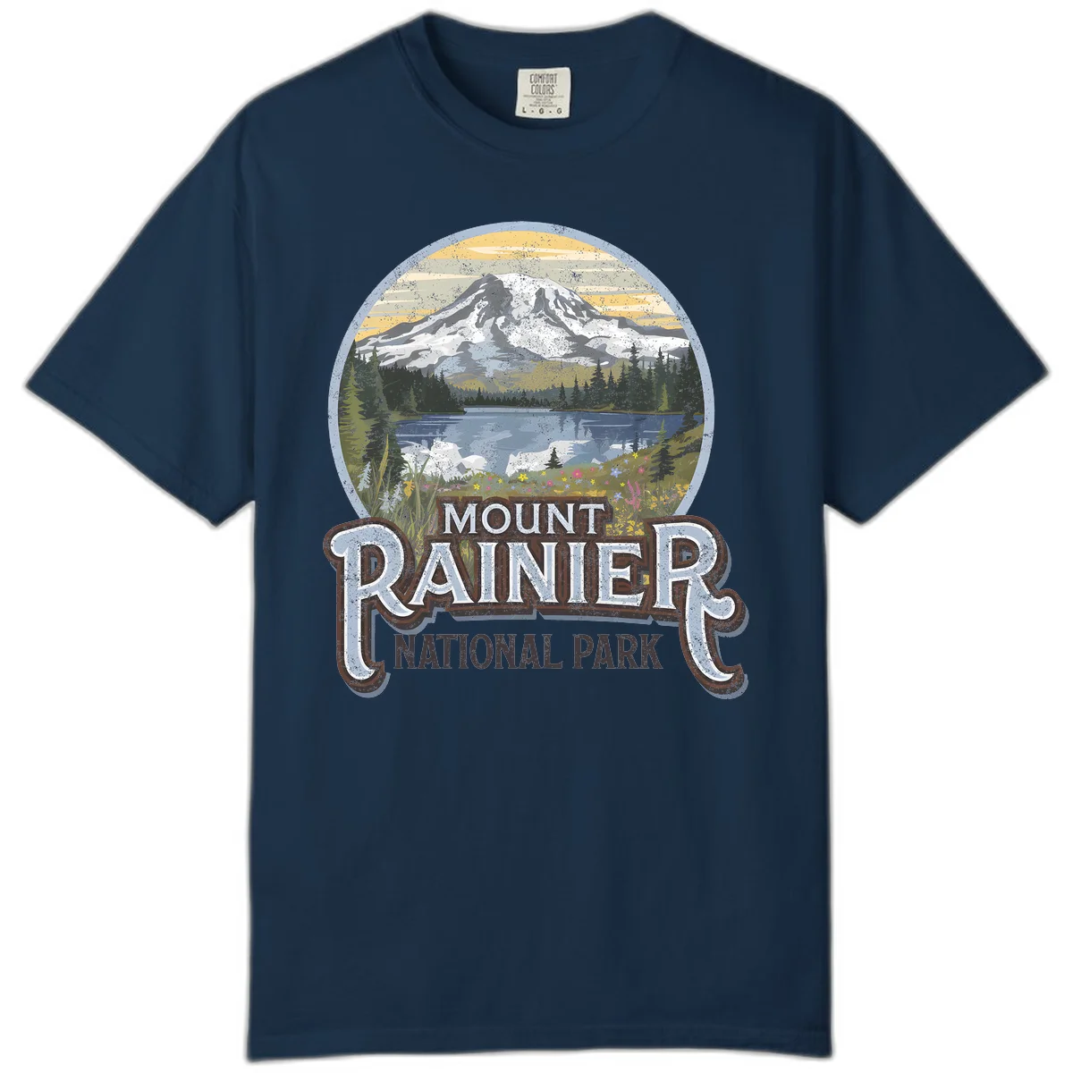 Vintage Mount Rainier National Park badge design with snow-capped peak, alpine lake, evergreen forest, and wildflowers on distressed background in True Navy