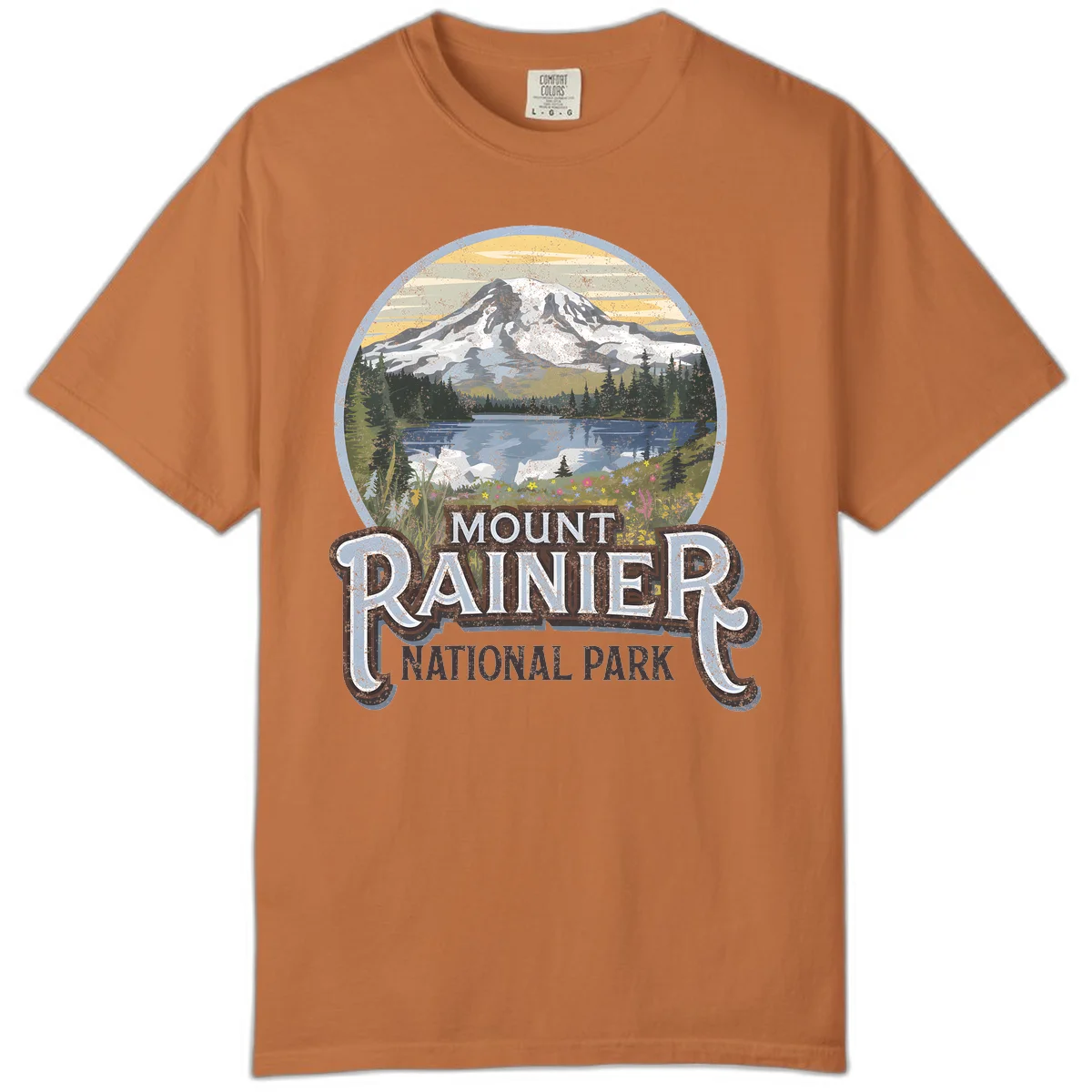 Vintage Mount Rainier National Park badge design with snow-capped peak, alpine lake, evergreen forest, and wildflowers on distressed background in Yam