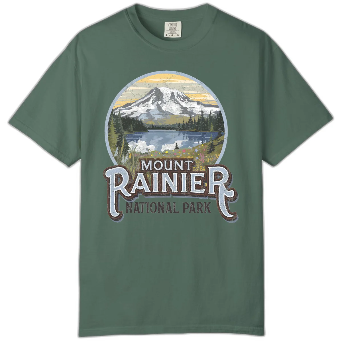 Vintage Mount Rainier National Park badge design with snow-capped peak, alpine lake, evergreen forest, and wildflowers on distressed background in Blue Spruce