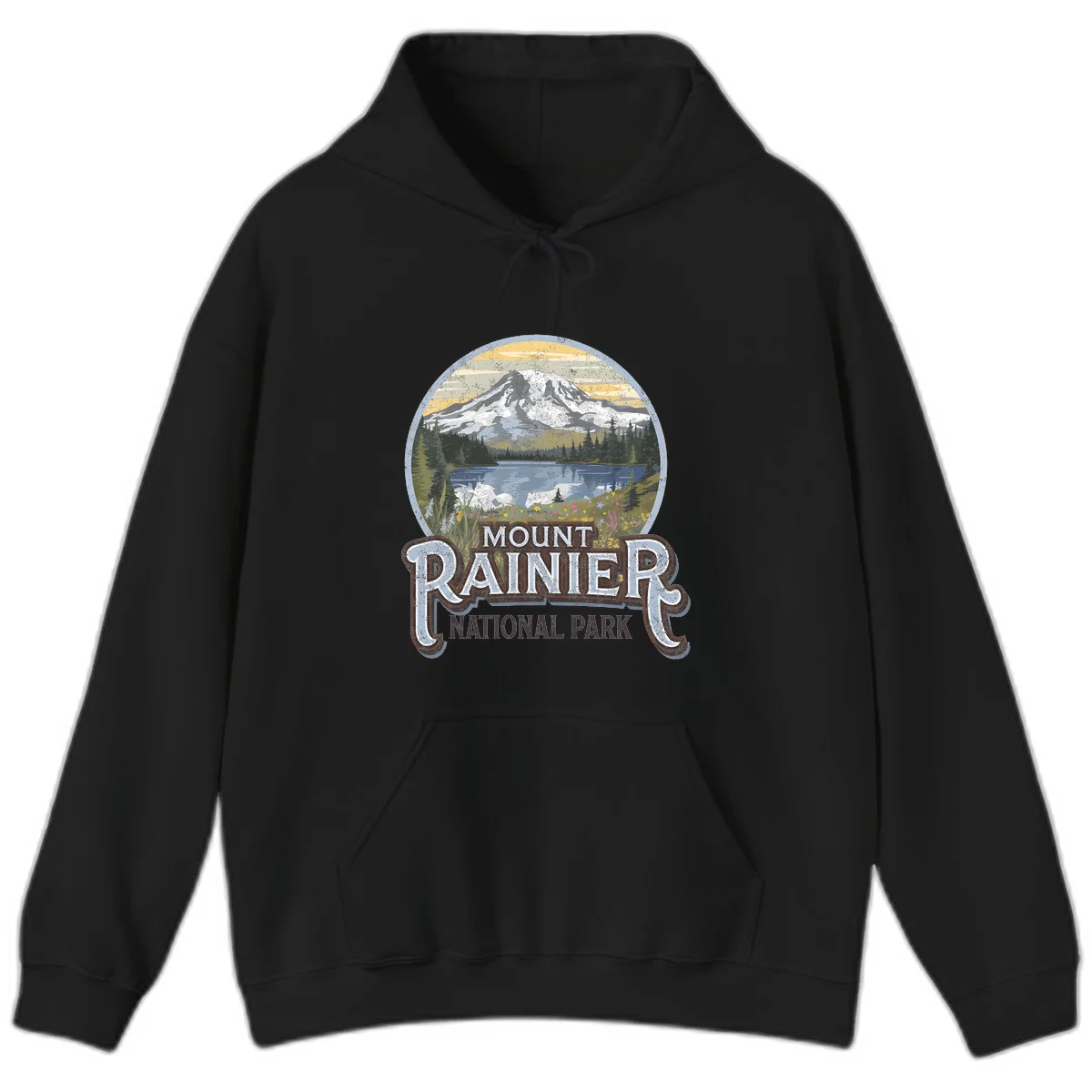 Vintage Mount Rainier National Park badge design with snow-capped peak, alpine lake, evergreen forest, and wildflowers on distressed background in Black
