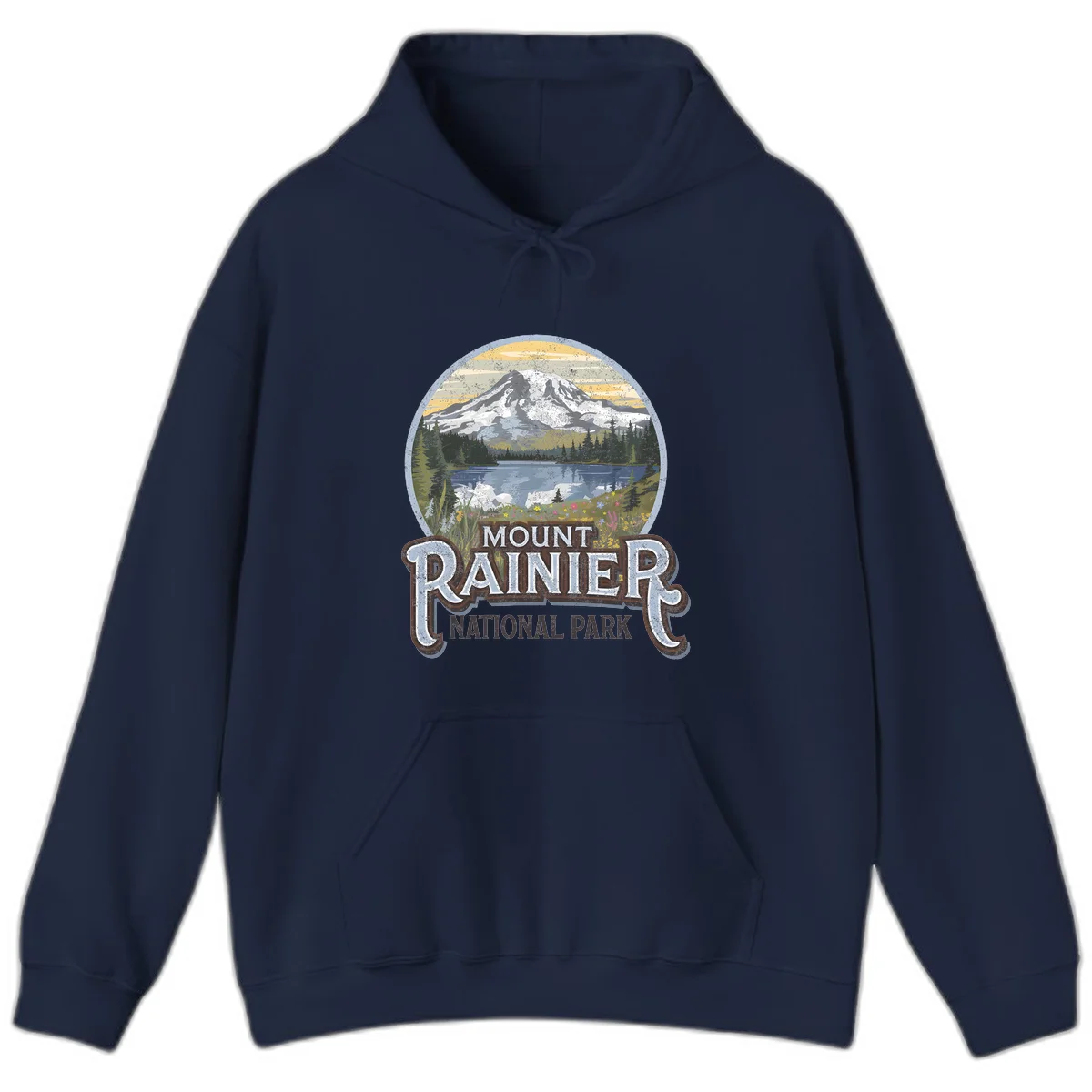 Vintage Mount Rainier National Park badge design with snow-capped peak, alpine lake, evergreen forest, and wildflowers on distressed background in Navy